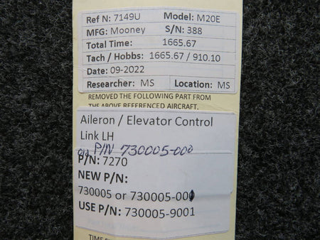 730005-000 (Use: 730005-9001) Mooney M20E Control Link Assembly LH BAS Part Sales | Airplane Parts