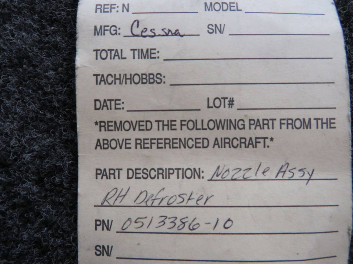0513386-10 Cessna Nozzle Assembly RH Defrost BAS Part Sales | Airplane Parts
