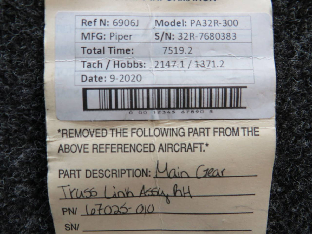 67025-010 Piper PA32R / PA32RT Main Gear Truss Link Assembly RH BAS Part Sales | Airplane Parts