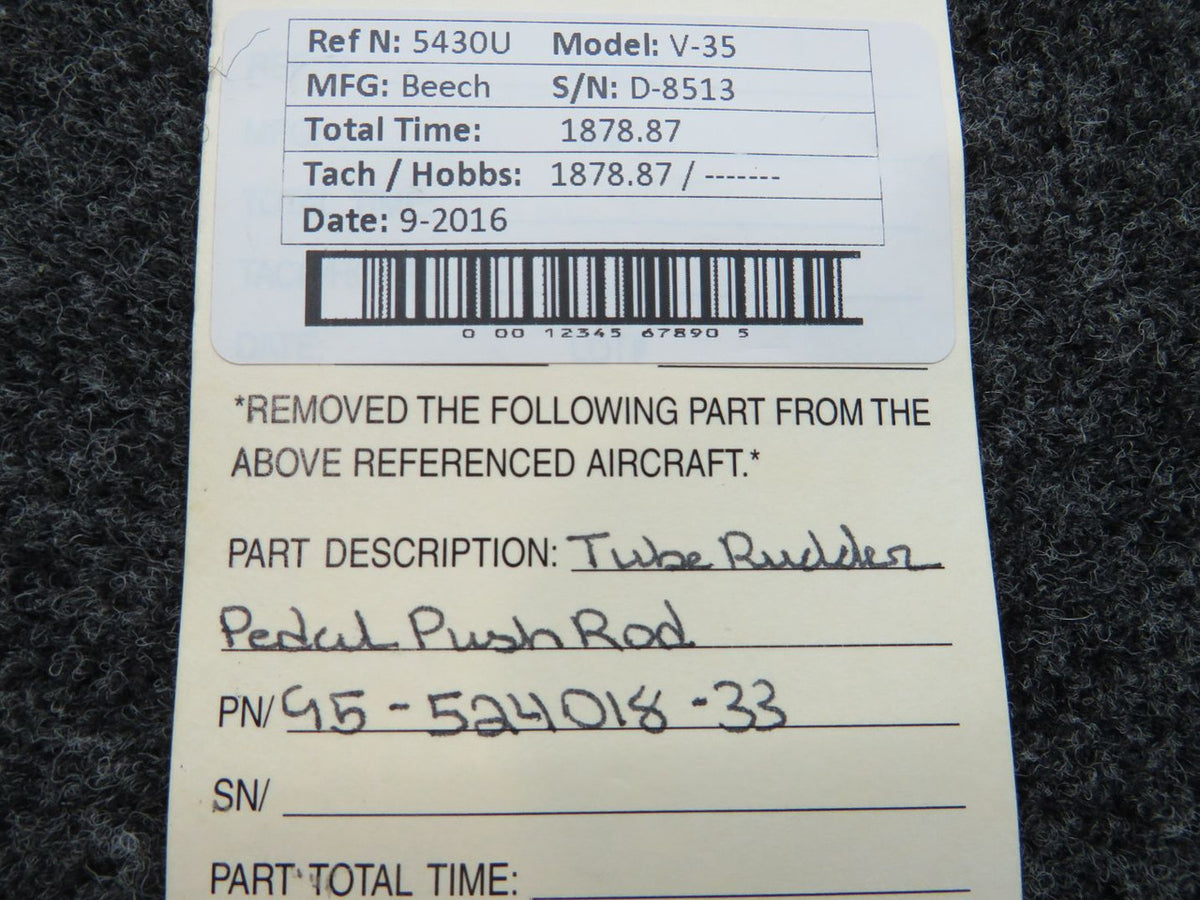 95-524018-33 Beech V-35 Tube Rudder Pedal Push Rod BAS Part Sales | Airplane Parts