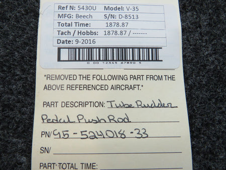 95-524018-33 Beech V-35 Tube Rudder Pedal Push Rod BAS Part Sales | Airplane Parts