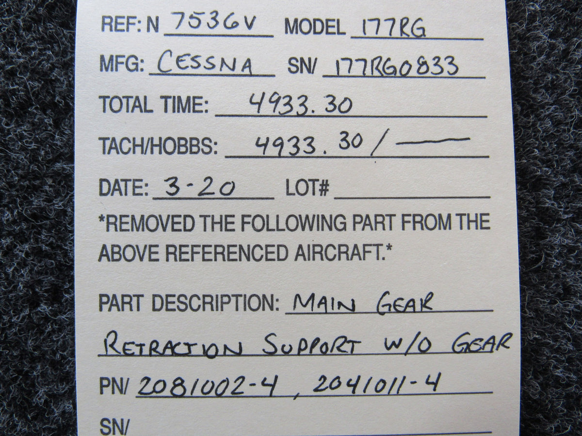 2081002-4 / 2041011-4 Cessna 177RG Main Gear Retraction Support W/O Gear BAS Part Sales | Airplane Parts