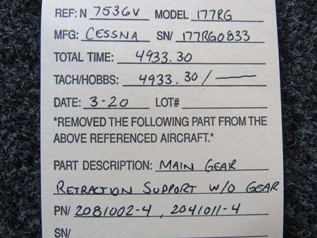2081002-4 / 2041011-4 Cessna 177RG Main Gear Retraction Support W/O Gear BAS Part Sales | Airplane Parts