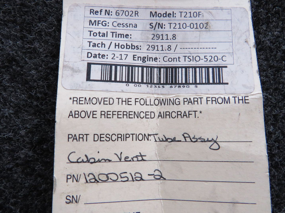 1200512-2 Cessna T210F Tube Assembly Cabin Vent BAS Part Sales | Airplane Parts