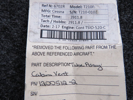 1200512-2 Cessna T210F Tube Assembly Cabin Vent BAS Part Sales | Airplane Parts