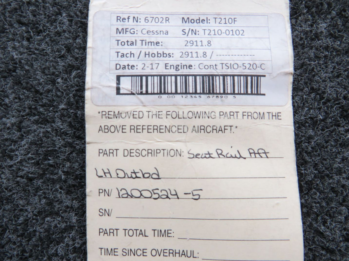 1200524-5 Cessna T210F Seat Rail Aft LH Outboard BAS Part Sales | Airplane Parts