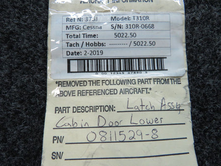 0811529-8 Cessna T310R Latch Assembly Cabin Door Lower BAS Part Sales | Airplane Parts