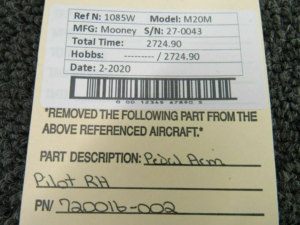 Mooney 720016-002 Mooney M20M Pedal Arm Pilot RH