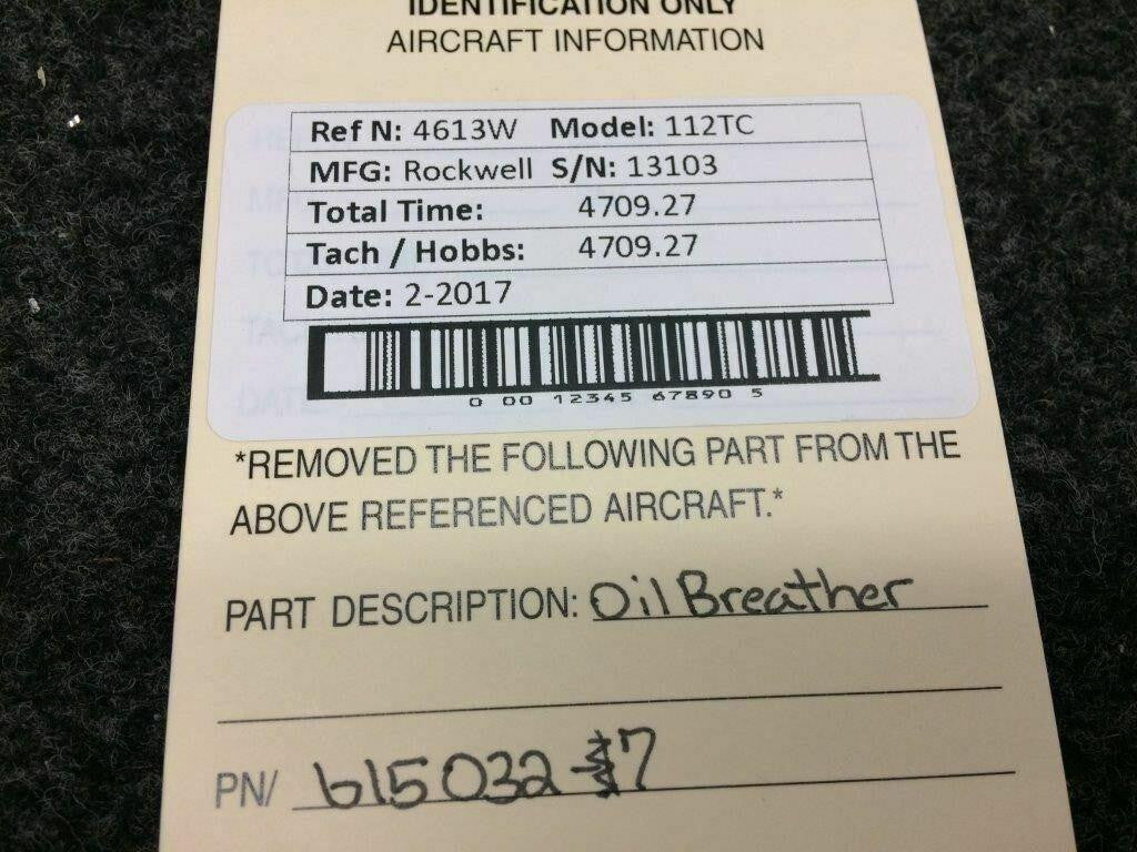 Does Not Apply Rockwell 112TC Oil Breather P/N 615032-7