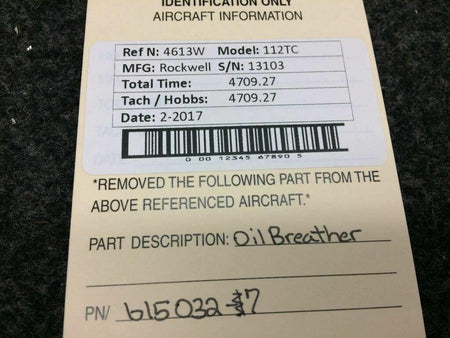 Does Not Apply Rockwell 112TC Oil Breather P/N 615032-7