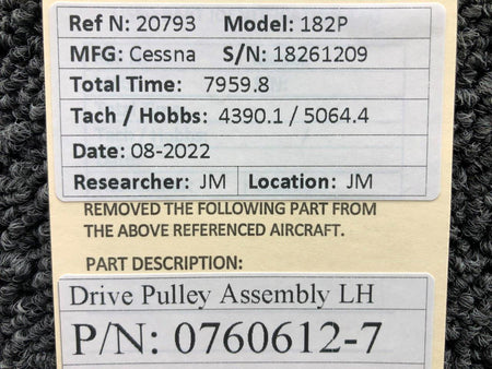 0760612-7 Cessna 172M Flap Drive Pulley Assy LH BAS Part Sales | Airplane Parts