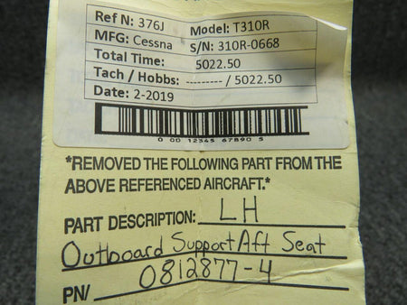 Cessna 0812877-4 Cessna T310R LH Outboard Support Aft Seat