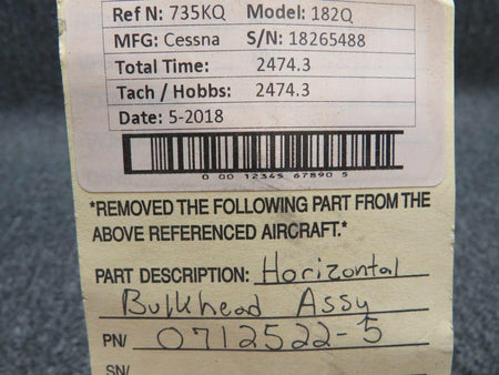Cessna 0712522-5 Cessna 182Q Horizontal Bulkhead Assy