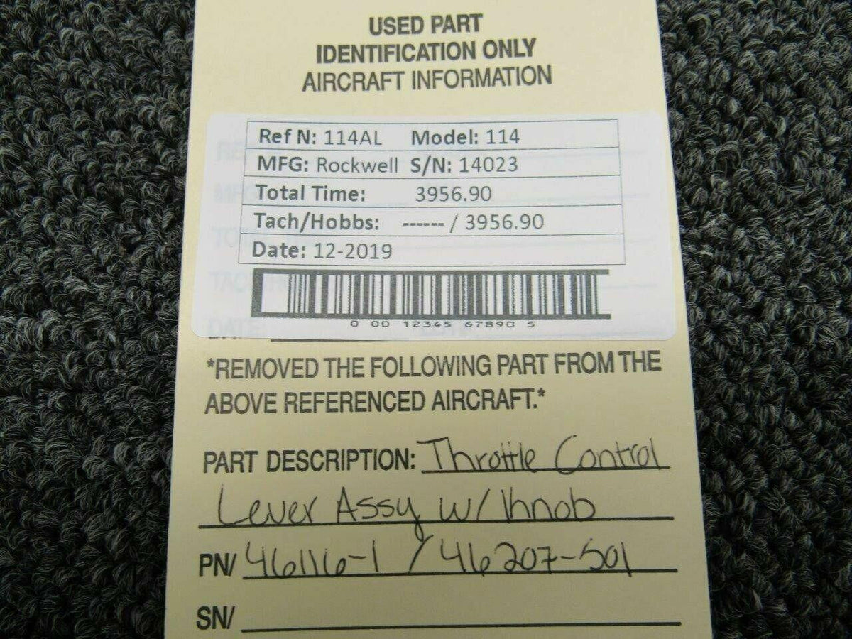 Rockwell 46116-1 / 46207-501 Rockwell Commander 114 Throttle Control Lever Assy w/ Knob