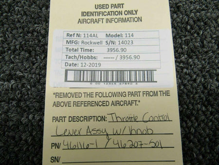 Rockwell 46116-1 / 46207-501 Rockwell Commander 114 Throttle Control Lever Assy w/ Knob