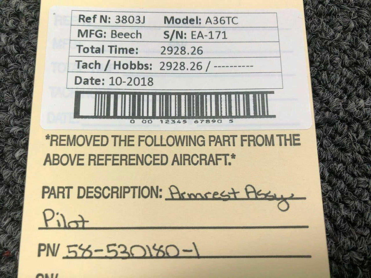 Beechcraft 58-530180-1 Beech A36TC Armrest Assy Pilot