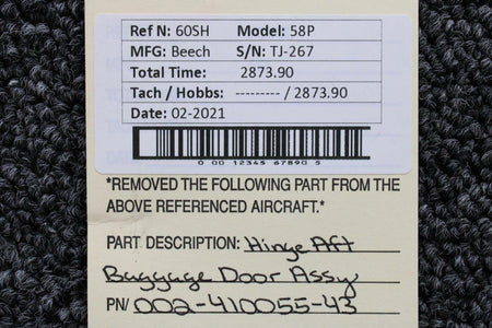002-410055-43 Beechcraft 58P Hinge Aft Baggage Door BAS Part Sales | Airplane Parts