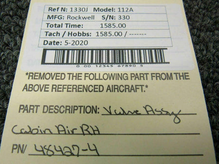 Rockwell 48427-4 Rockwell 112A Valve Assy Cabin Air RH