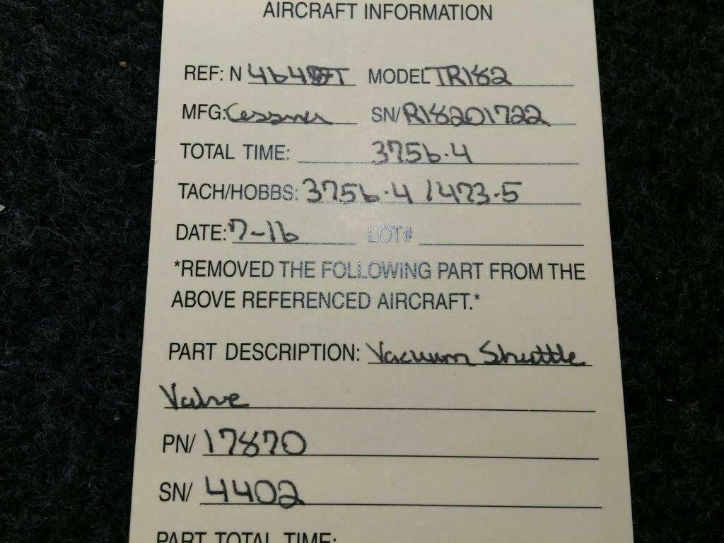 Cessna TR182 Vacuum Shuttle ValveP/N 17870S/N 4402