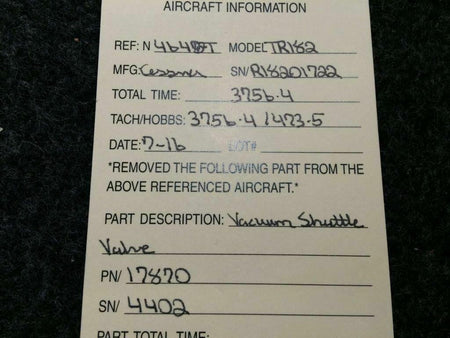 Cessna TR182 Vacuum Shuttle ValveP/N 17870S/N 4402