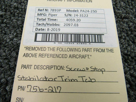 Piper 756-217 Piper PA24-250 Screw and Stop Stabilator Trim Tab W/ Brackets