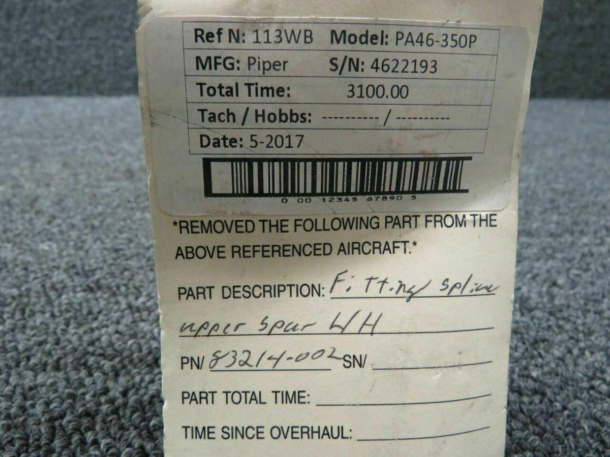 Piper PA46-350P Fitting Splice Upper Spar LH P/N 83214-002