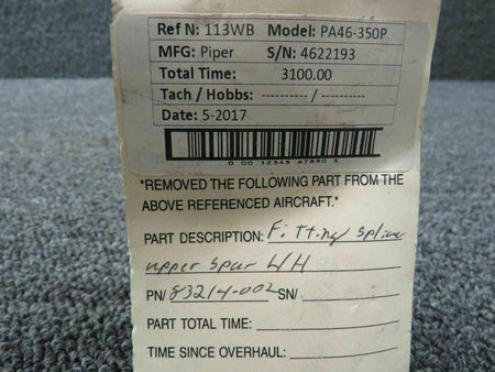 Piper PA46-350P Fitting Splice Upper Spar LH P/N 83214-002