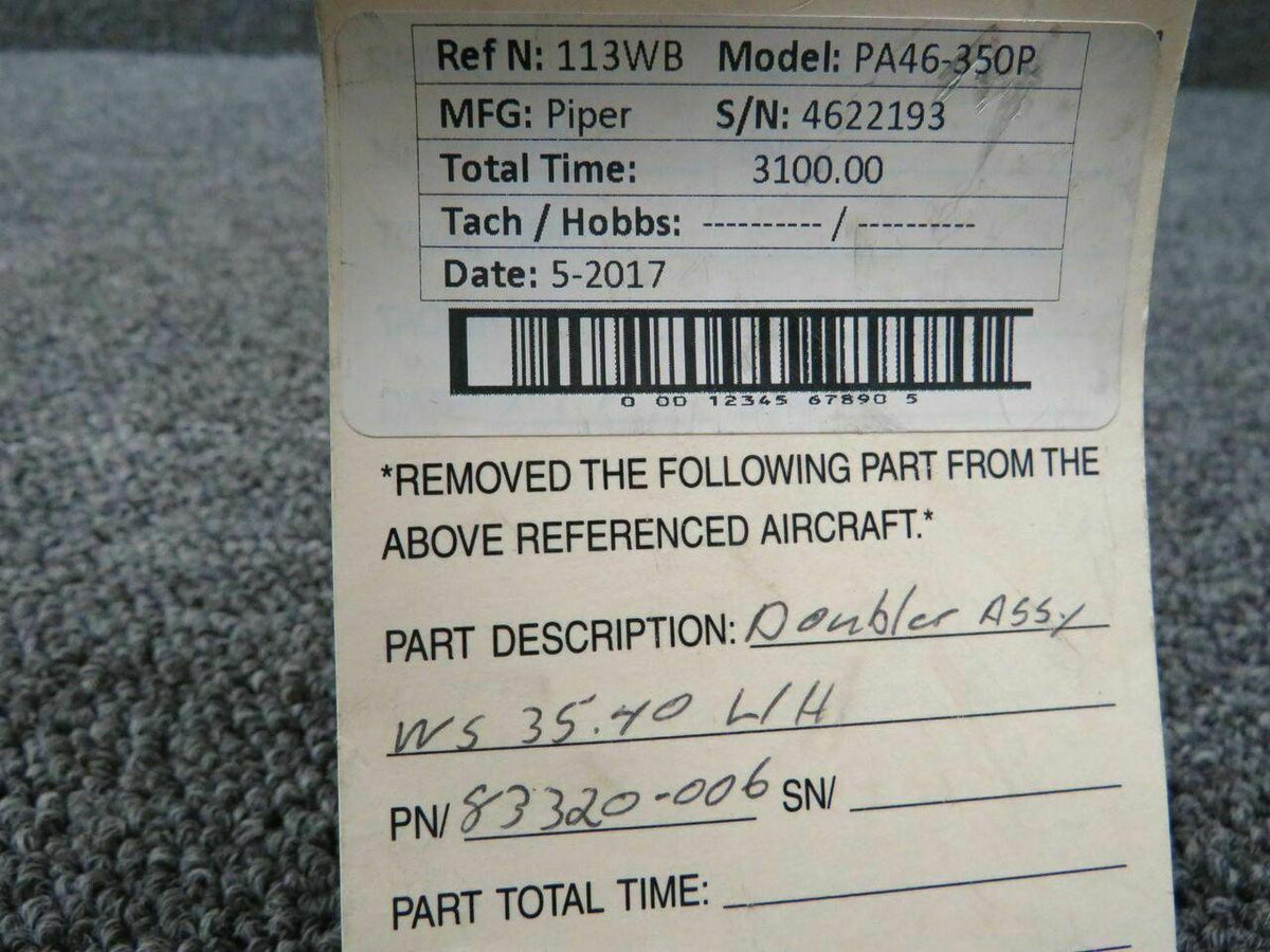 Piper PA46-350P Doubler Assy WS 35.40 LH P/N83320-006