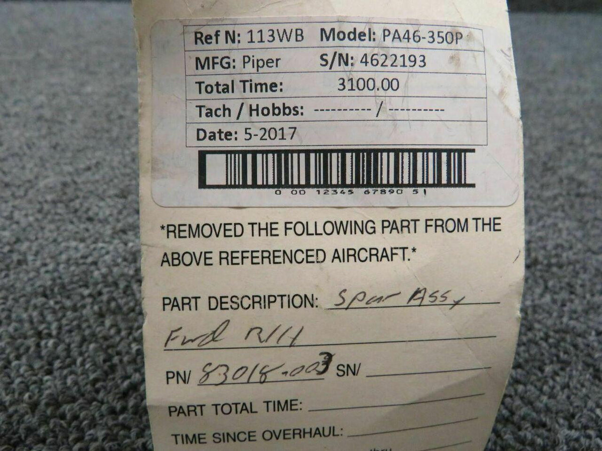 Piper PA46-350P Spar Assy RH Forward P/N 83018-003