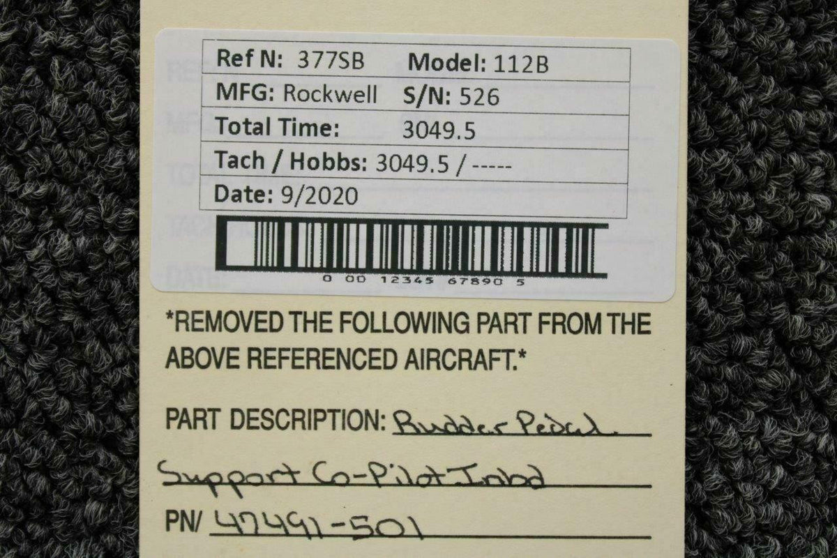 Rockwell 47491-501 Rockwell 112B Rudder Pedal Support Co-Pilot Inboard