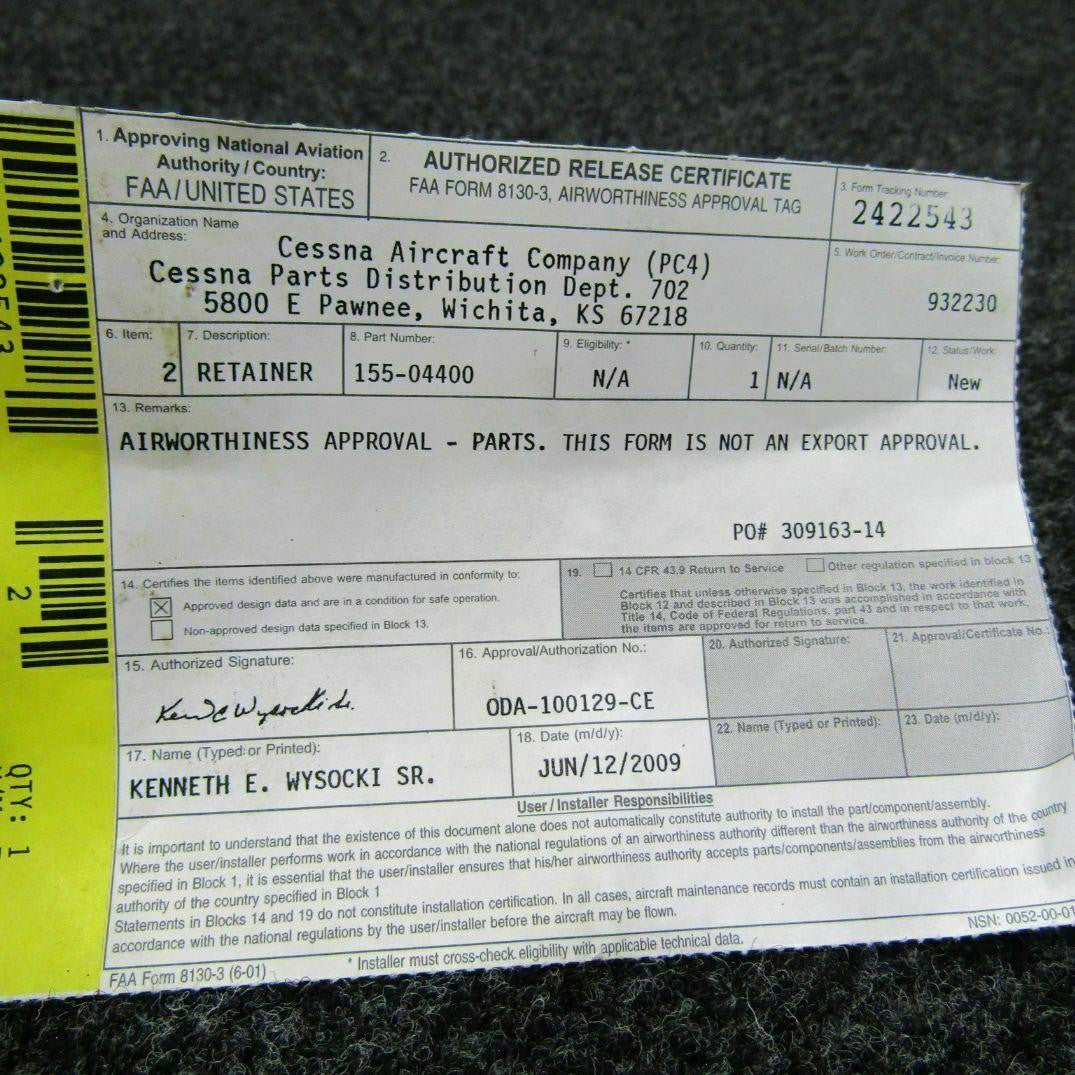 155-04400 Cessna Retainer (NEW OLD STOCK W/ 8130-3) (C20) BAS Part Sales | Airplane Parts