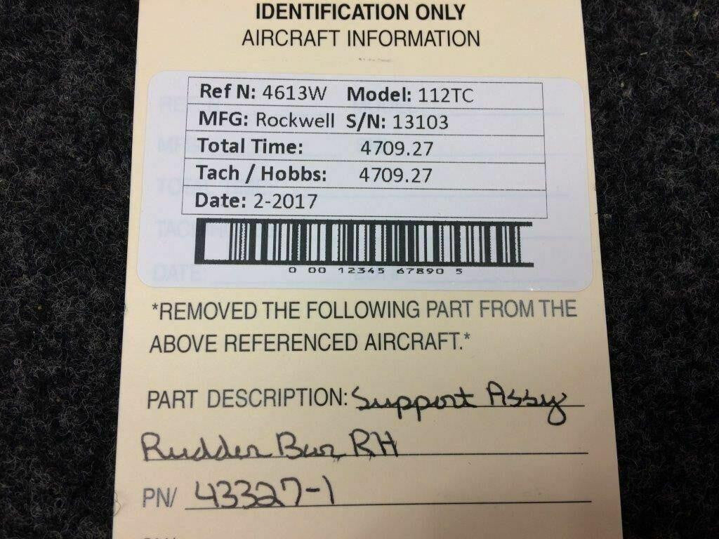 Rockwell 112TC Support Assy Rudder Bar RH P/N 43327-1