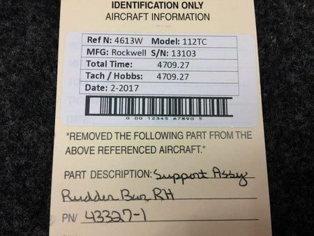 Rockwell 112TC Support Assy Rudder Bar RH P/N 43327-1