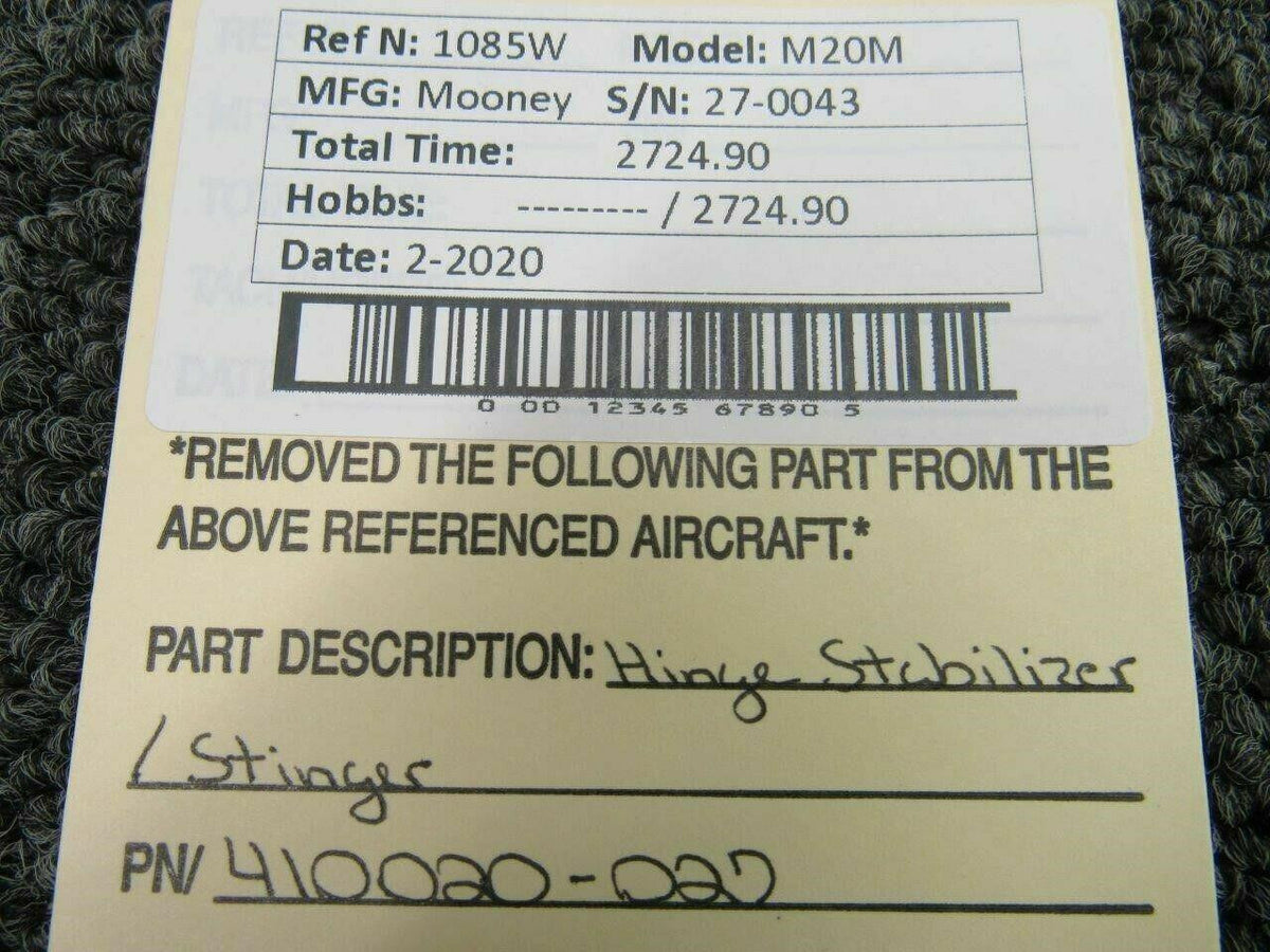 410020-027 Mooney M20M Hinge Stabilizer / Stinger BAS Part Sales | Airplane Parts
