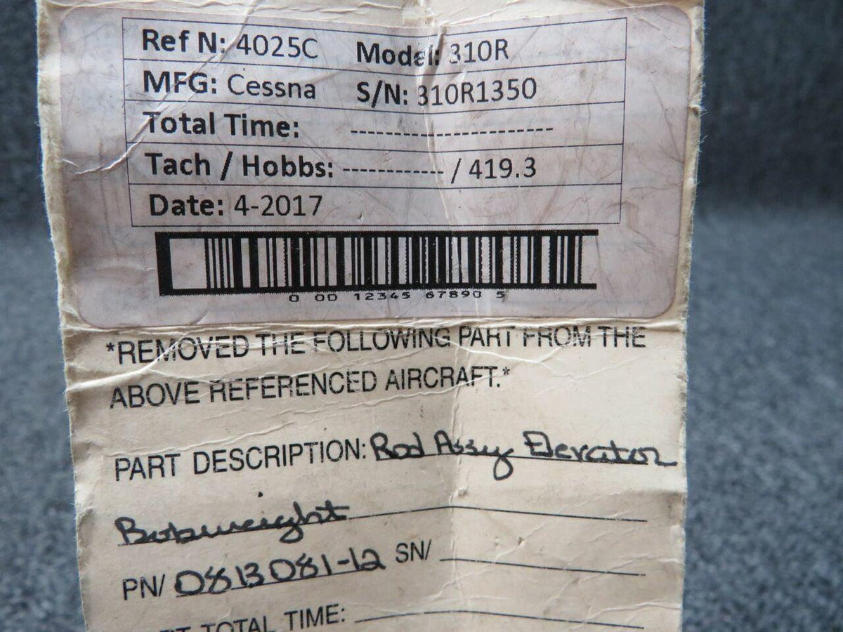 0813081-12 Cessna 310R Rod Assy Elevator Bobweight BAS Part Sales | Airplane Parts