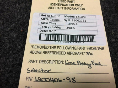 Cessna 1200406-98 Cessna T210M Line Assy Fuel Selector
