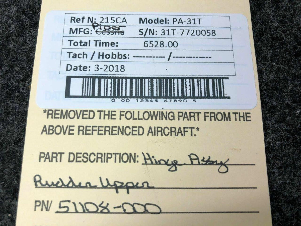 Piper 51108-000 Piper PA-31T Hinge Assy Rudder Upper