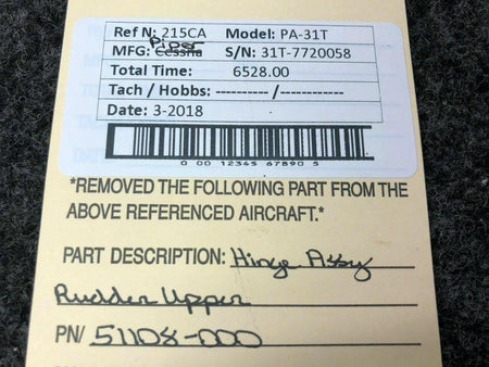 Piper 51108-000 Piper PA-31T Hinge Assy Rudder Upper