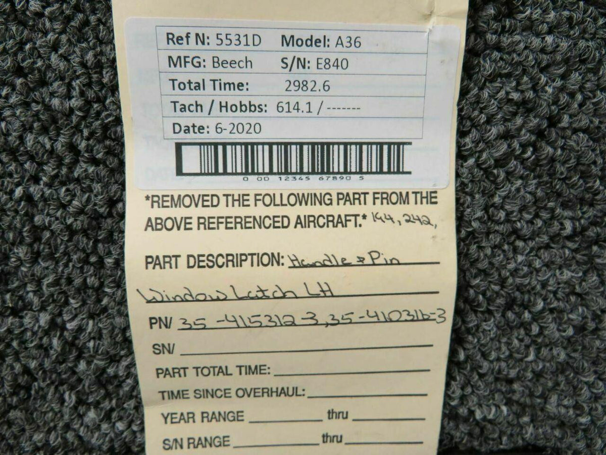Beechcraft 35-415312-3 / 35-410316-3 Beech A36 Handle and Pin Window Latch LH
