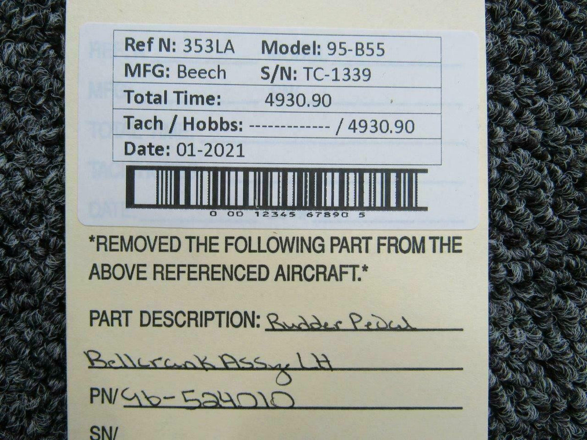 Beechcraft 96-524010 Beech 95-B55 Rudder Pedal Bellcrank Assy LH
