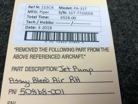 Piper 50868-001 Piper PA-31T Jet Pump Assy Bleed Air RH