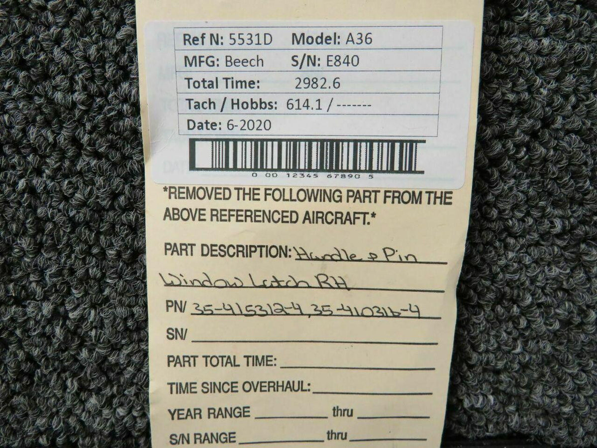 Beechcraft 35-415312-4 / 35-410316-4 Beech A36 Handle and Pin Window Latch RH