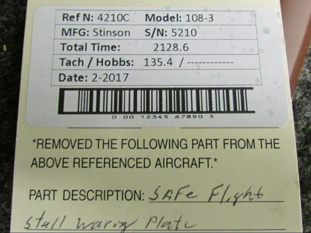 Stinson 108-3 Safe Flight Stall Warning Plate