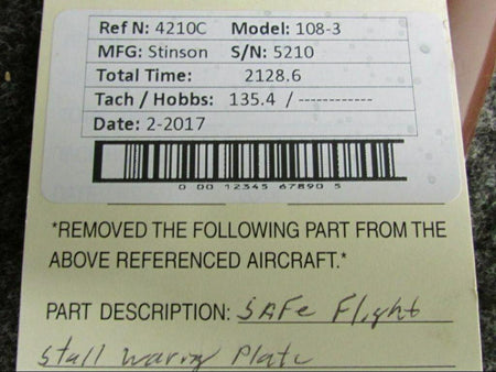 Stinson 108-3 Safe Flight Stall Warning Plate