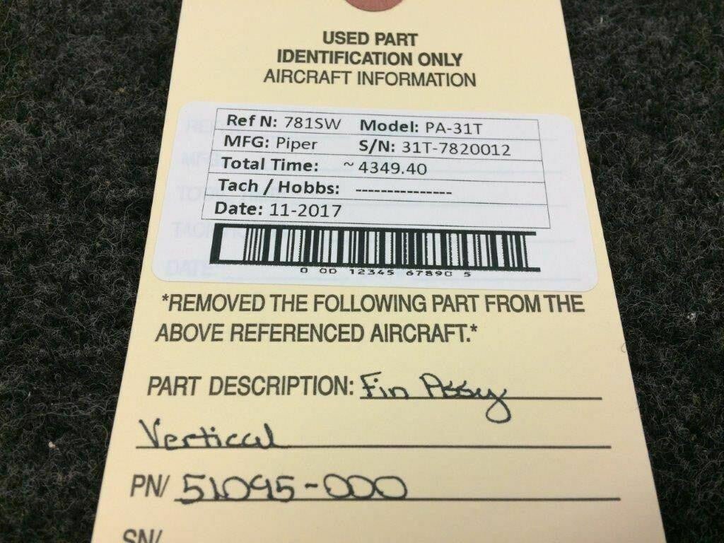 Piper 51095-000 Piper PA-31T Cheyenne Fin Assy Vertical
