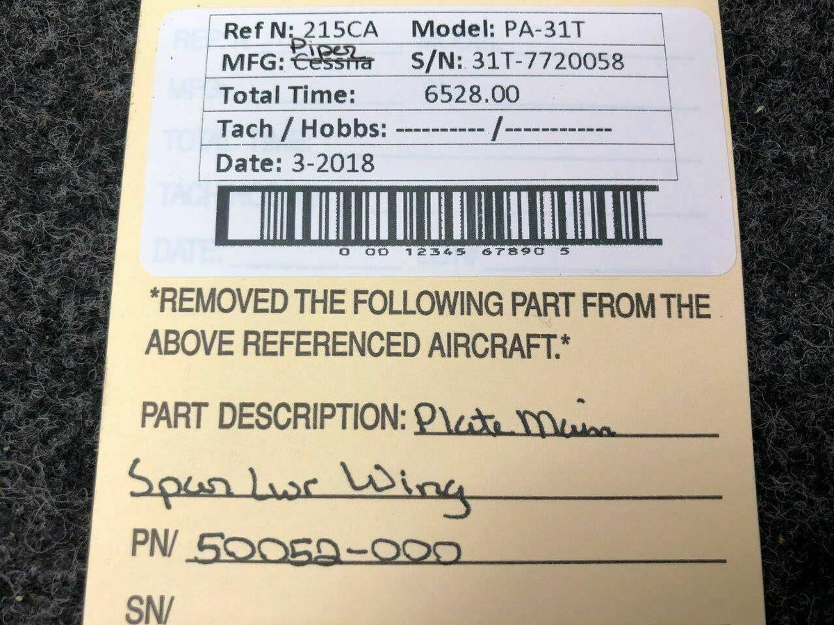 Piper 50052-000 Piper PA-31T Plate Main Spar Lower Wing
