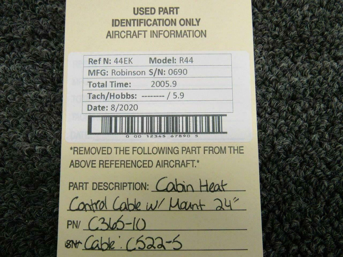 C522-5 / C365-10 Robinson R44 Cabin Heat Control Cable w/ Mount (24") BAS Part Sales | Airplane Parts