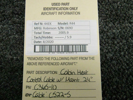 C522-5 / C365-10 Robinson R44 Cabin Heat Control Cable w/ Mount (24") BAS Part Sales | Airplane Parts