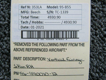 96-440010-12 Beech 95-B55 Vertical Fairing Skin RH BAS Part Sales | Airplane Parts