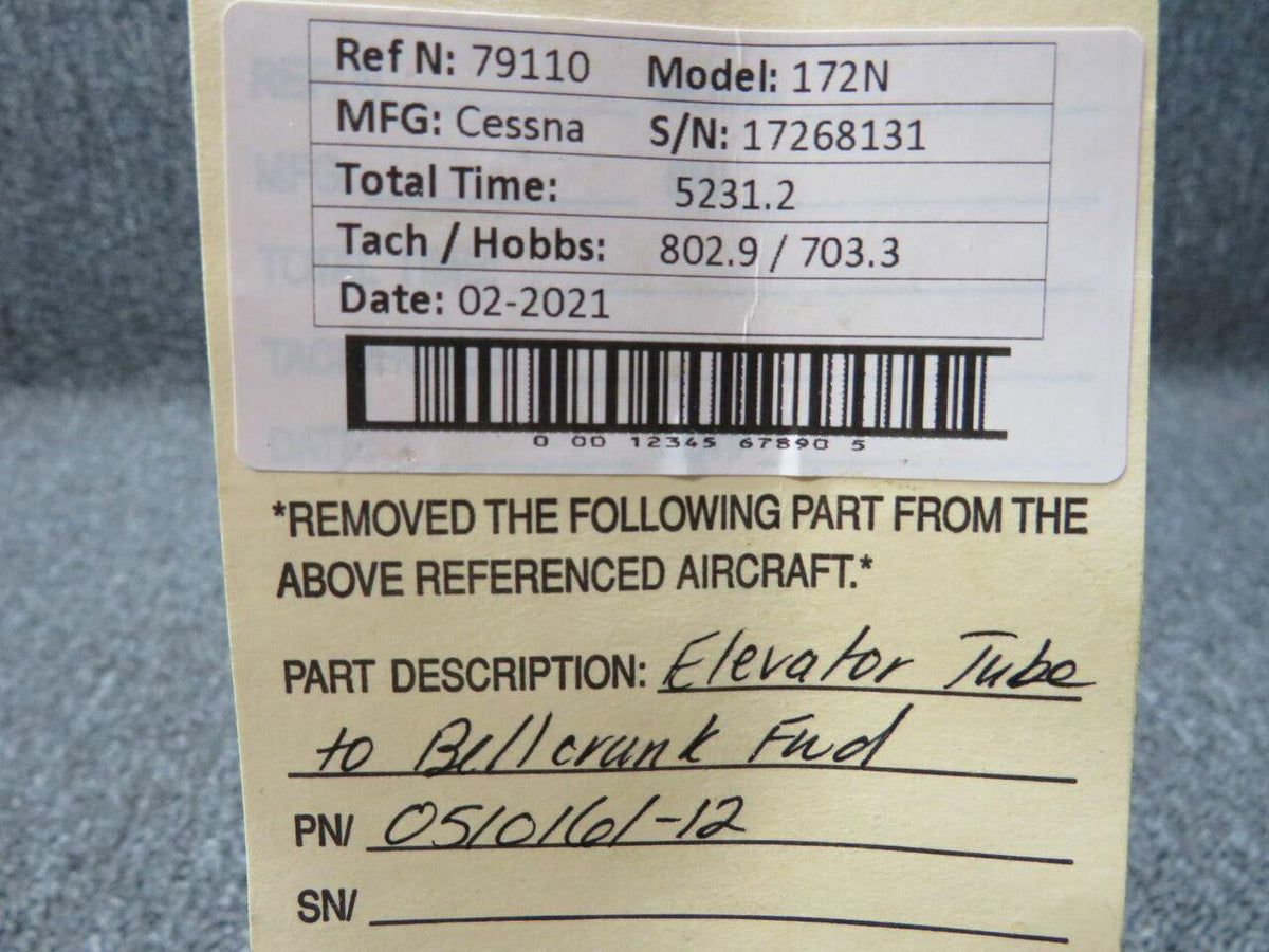 Cessna 0510161-12 Cessna 172 Elevator Tube To Bellcrank Forward